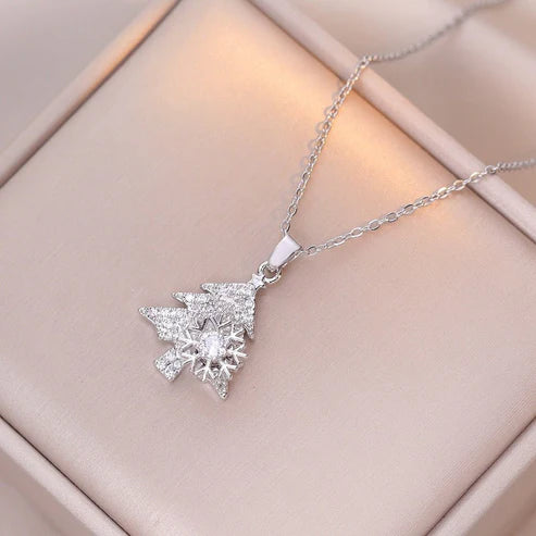 Rotatable Snowflake Christmas Tree Micro-Inlaid Diamond Titanium Steel Necklace